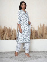 Lava Grey & White cotton Stitched Suit Set